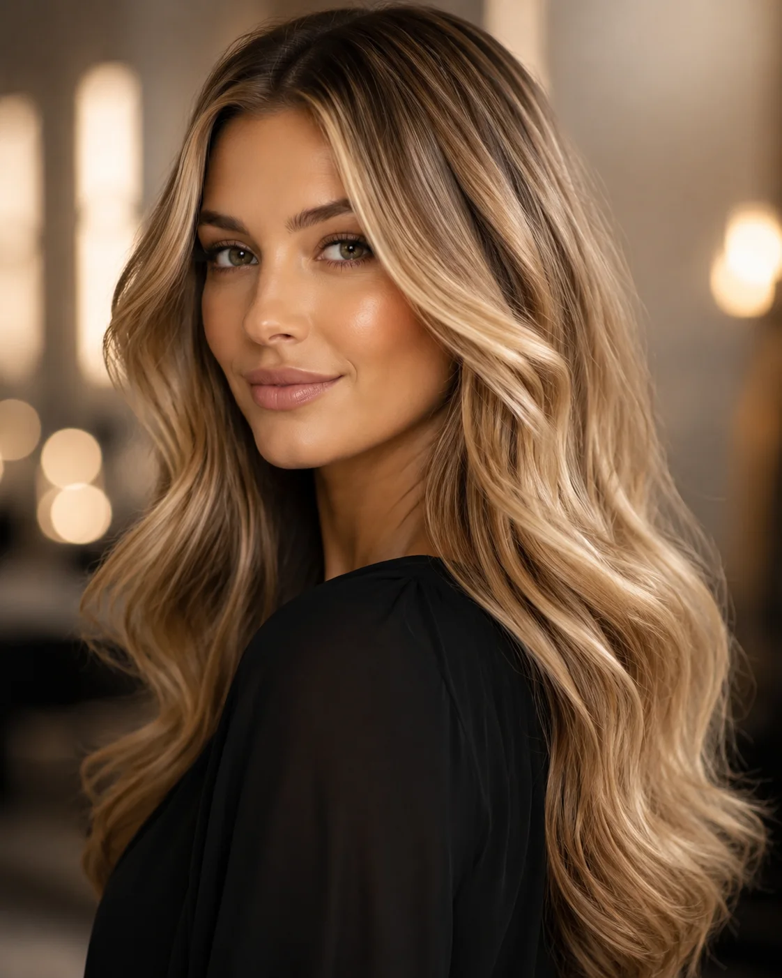 Glossy blonde waves with dimensional color