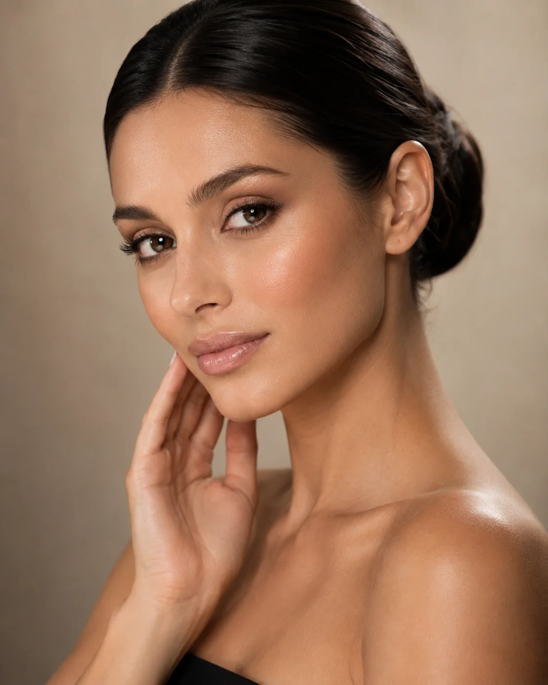 Brunette hair styled in cascading polished waves