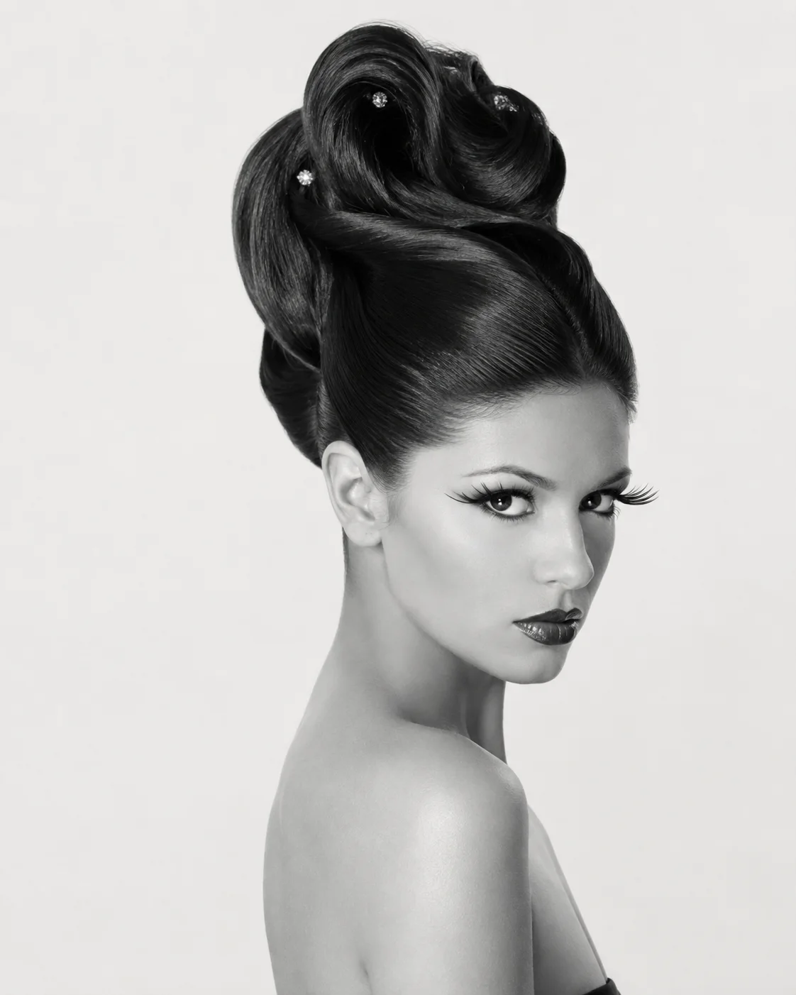 Editorial black and white glamour hairstyle portrait