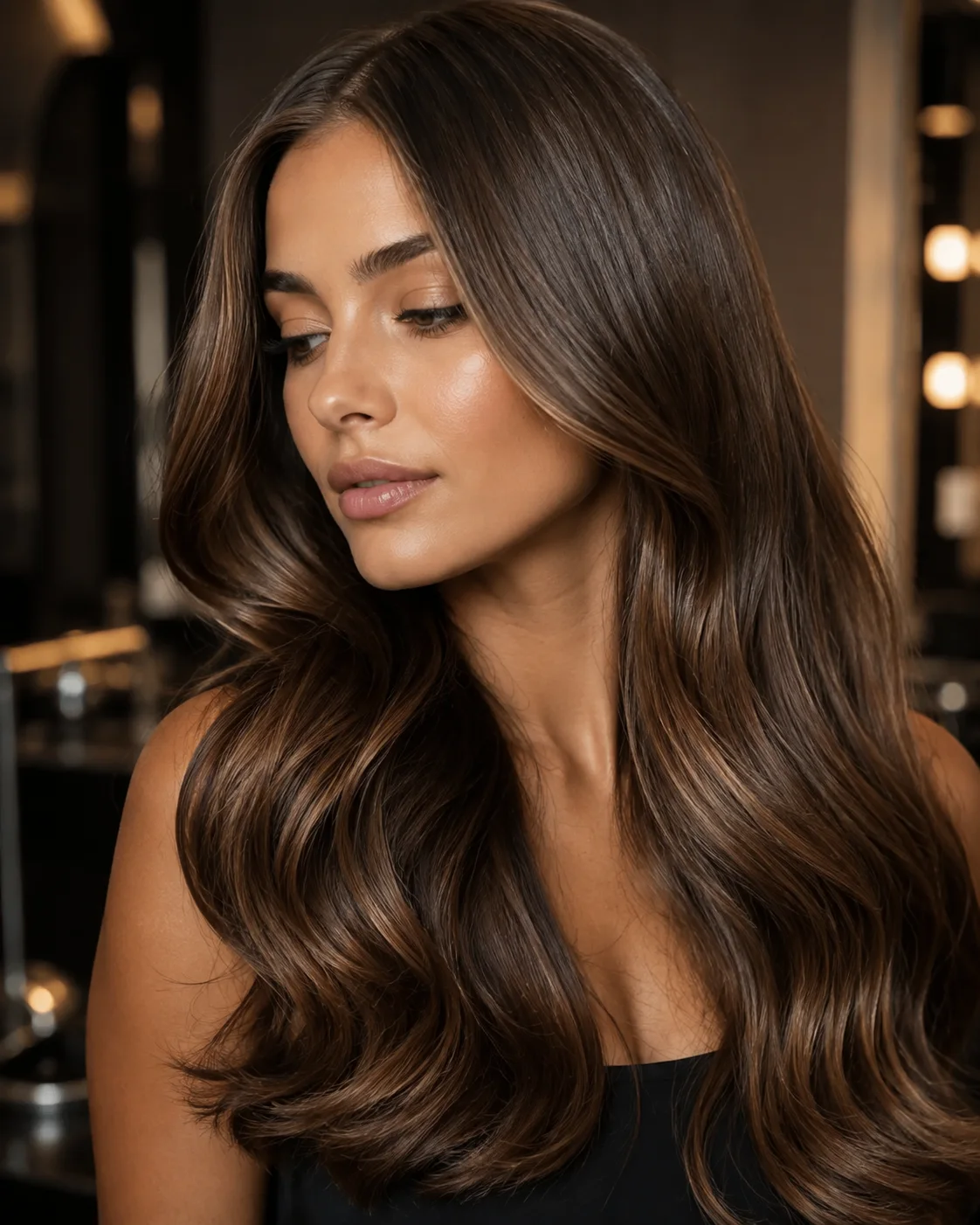 Brunette hair styled in soft polished waves